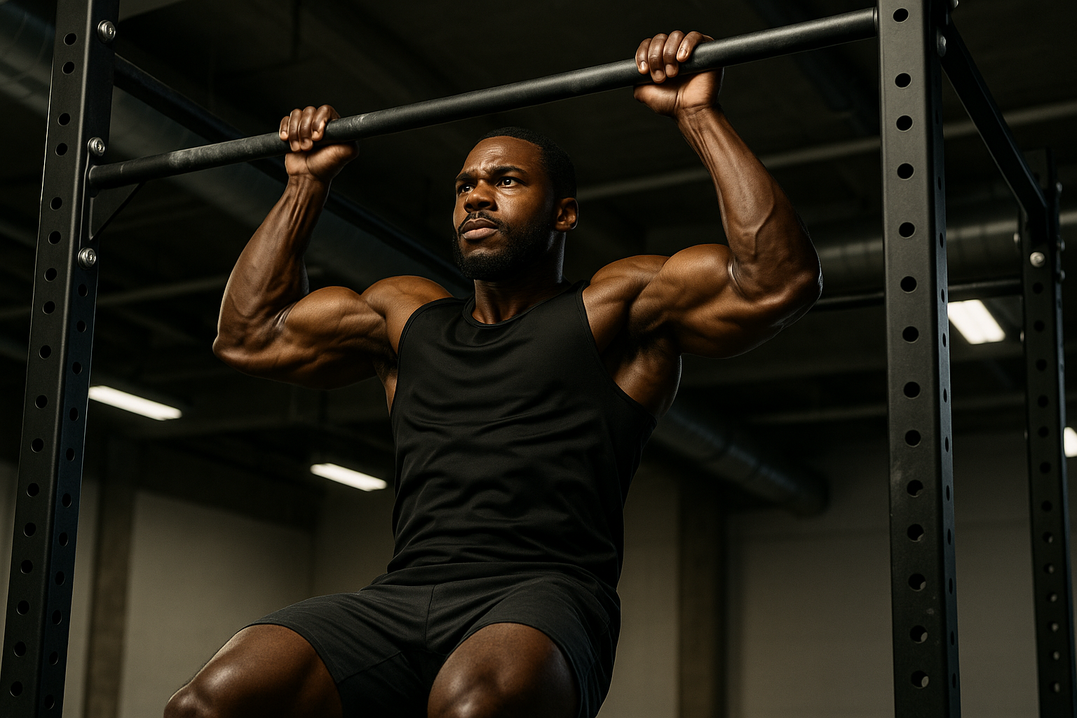 AFRICAN AMERICAN ATHLETE ON PULL UP BARS